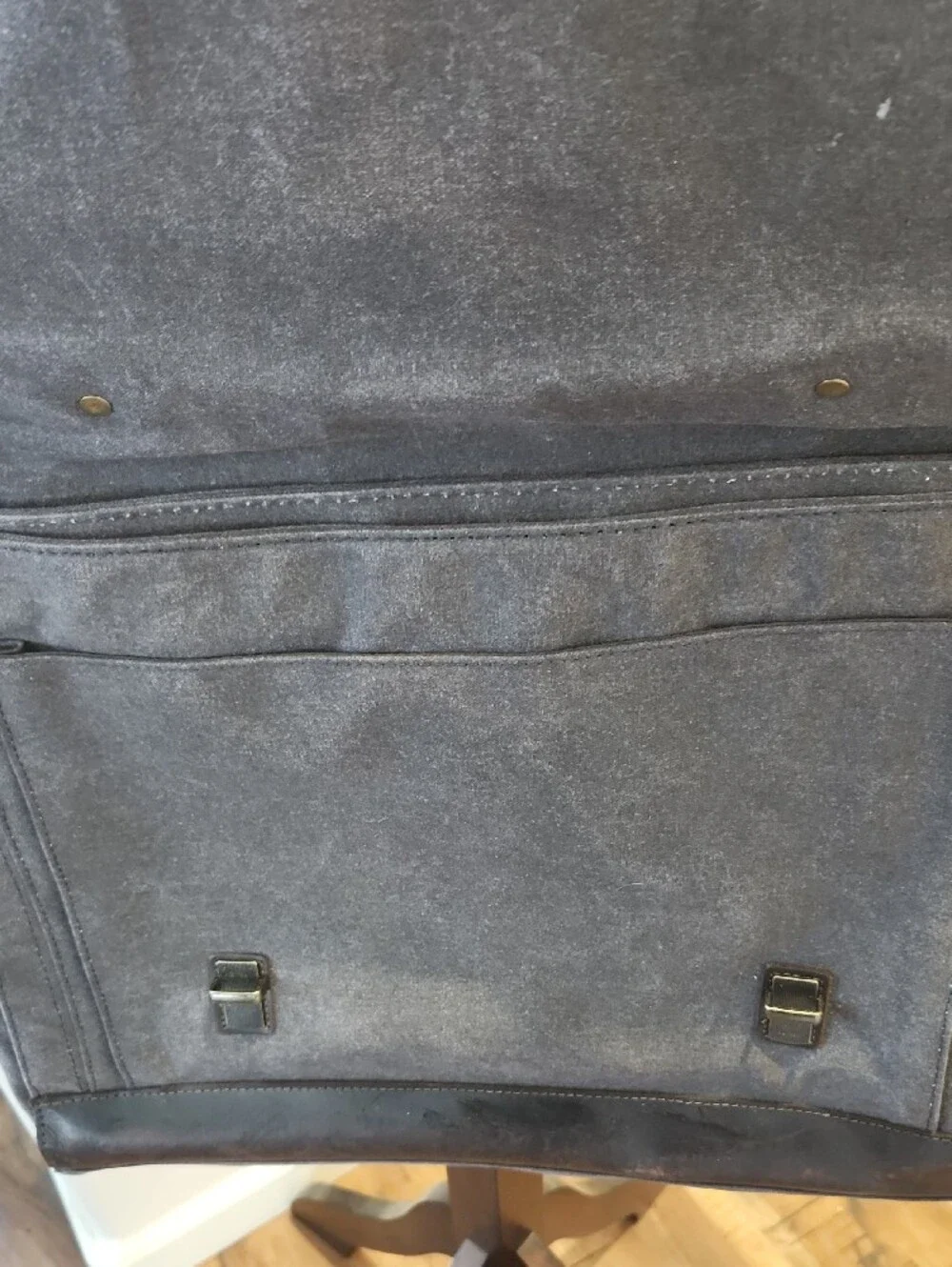 Waxed Canvas Messenger Bag in Charcoal Gray with Leather Trim 14x17